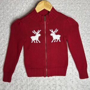 Chaps Children’s Red Knit Reindeer Cardigan‎ Zip Sweater Size 5 100% Cotton Kids